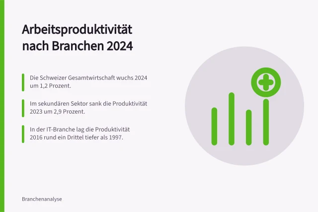 Arbeitsproduktivität nach Branchen 2024: Die Schweizer Gesamtwirtschaft wuchs 2024 um 1,2 Prozent.; Im sekundären Sektor sank die Produktivität 2023 um 2,9 Prozent.; In der IT-Branche lag die Produktivität 2016 rund ein Drittel tiefer als 1997. Arbeitsproduktivität nach Branchen: BFS-Kennzahlen