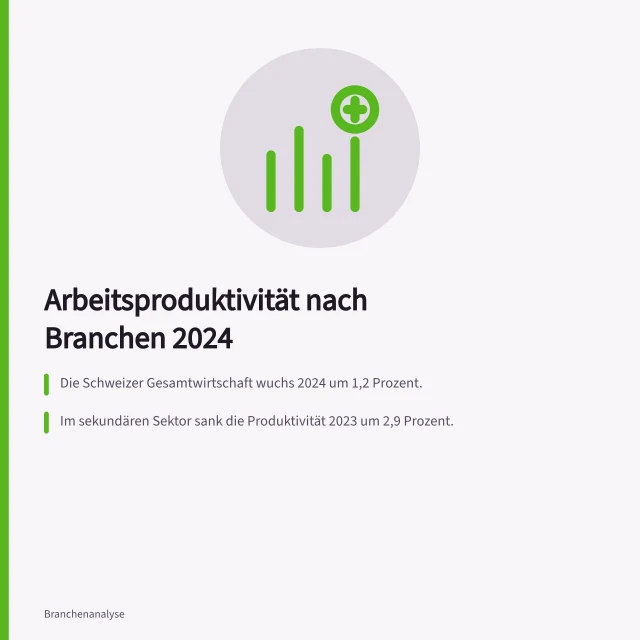 Arbeitsproduktivität nach Branchen 2024: Die Schweizer Gesamtwirtschaft wuchs 2024 um 1,2 Prozent.; Im sekundären Sektor sank die Produktivität 2023 um 2,9 Prozent.; In der IT-Branche lag die Produktivität 2016 rund ein Drittel tiefer als 1997. Arbeitsproduktivität nach Branchen: BFS-Kennzahlen