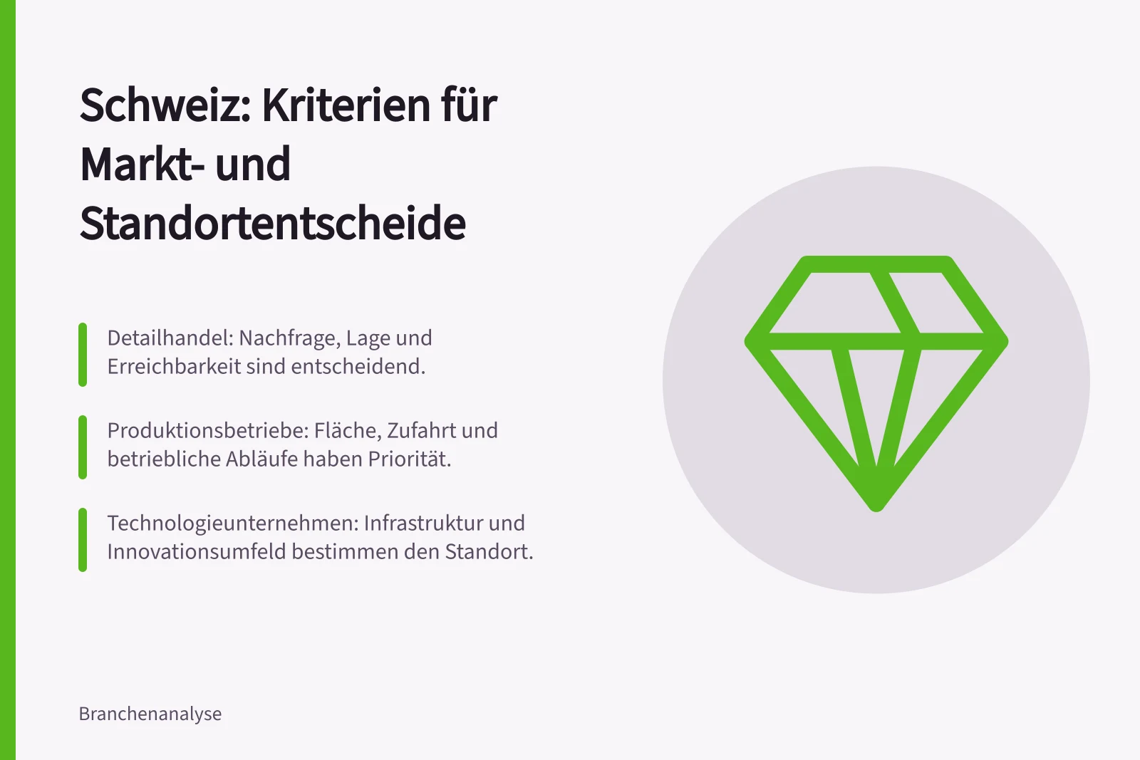 Schweiz: Kriterien für Markt- und Standortentscheide: Detailhandel: Nachfrage, Lage und Erreichbarkeit sind entscheidend.; Produktionsbetriebe: Fläche, Zufahrt und betriebliche Abläufe haben Priorität.; Technologieunternehmen: Infrastruktur und Innovationsumfeld bestimmen den Standort.