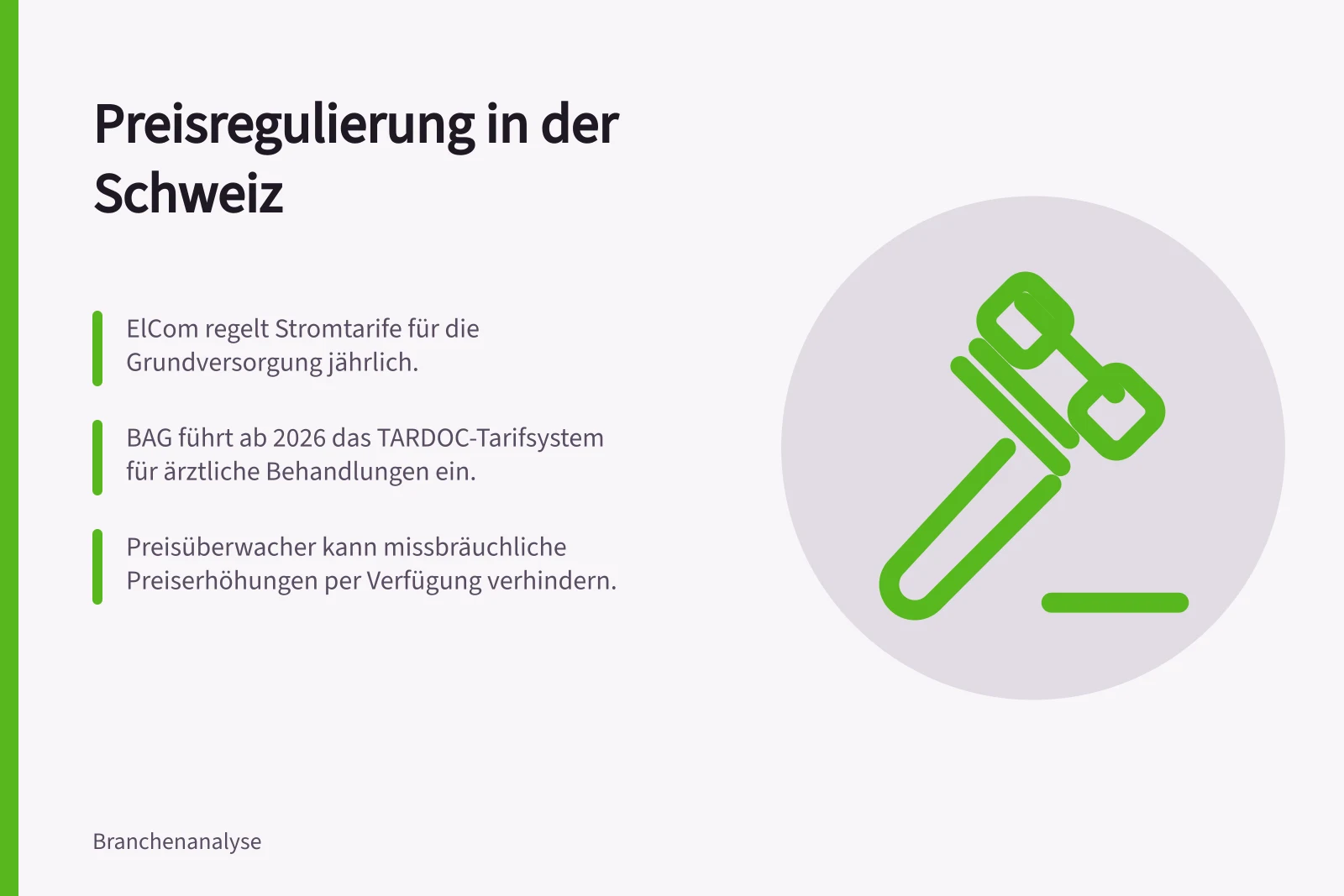 Preisregulierung in der Schweiz: ElCom regelt Stromtarife für die Grundversorgung jährlich.; BAG führt ab 2026 das TARDOC-Tarifsystem für ärztliche Behandlungen ein.; Preisüberwacher kann missbräuchliche Preiserhöhungen per Verfügung verhindern.
