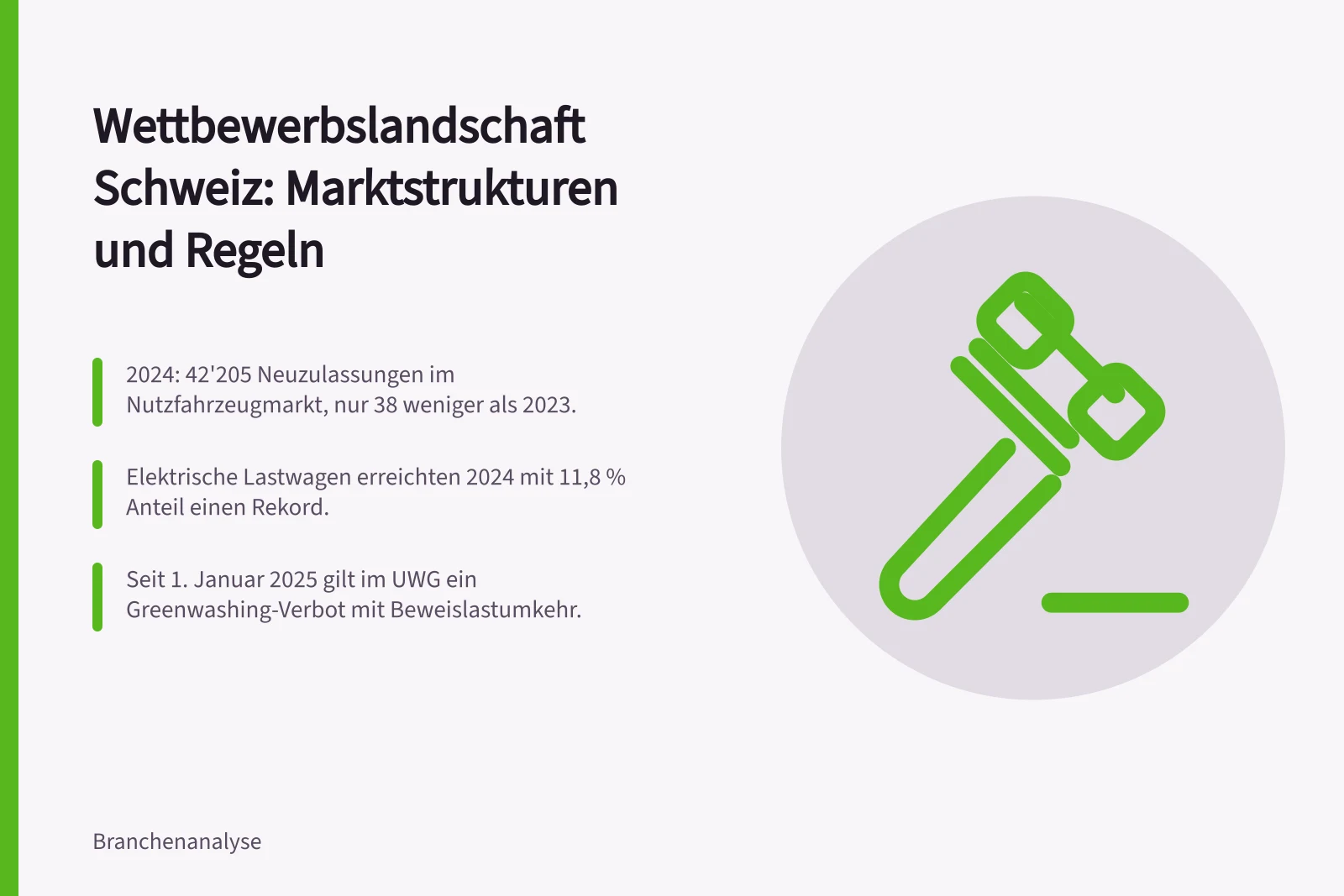Wettbewerbslandschaft Schweiz: Marktstrukturen und Regeln: 2024: 42'205 Neuzulassungen im Nutzfahrzeugmarkt, nur 38 weniger als 2023.; Elektrische Lastwagen erreichten 2024 mit 11,8 % Anteil einen Rekord.; Seit 1. Januar 2025 gilt im UWG ein Greenwashing-Verbot mit Beweislastumkehr.